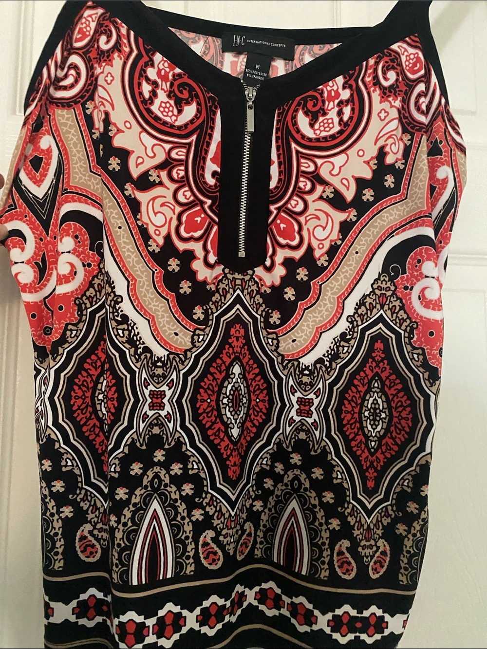 INC International Concepts Black, Red & Cream Paisley Zip-Front Sleeveless Top